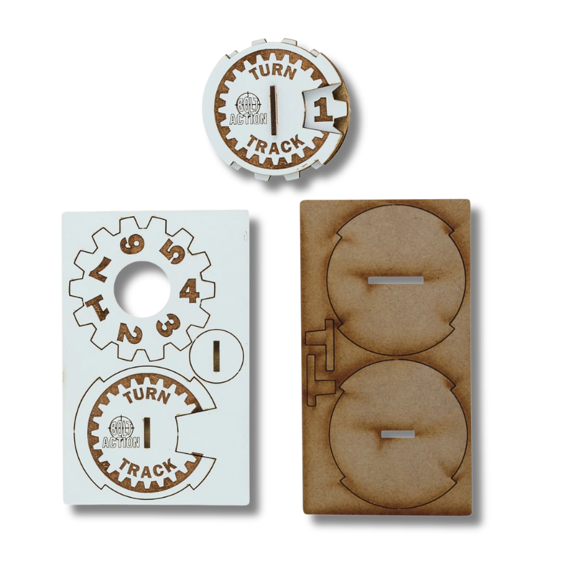 Bolt Action MDF Turn Marker 408800004 Warlord Games – złożony marker tury z tarczą numeryczną oraz arkusze MDF do złożenia
