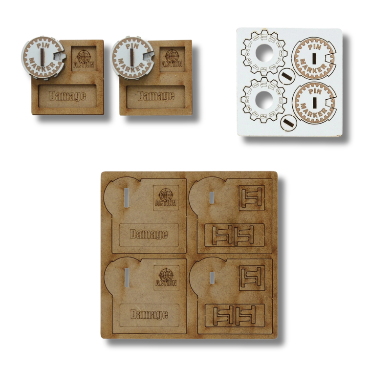 Bolt Action MDF Vehicle Pin Markers 408800002 Warlord Games – 2 złożone markery z tarczą pinów 0-11, miejscem na kostkę rozkazów i znaczniki obrażeń oraz arkusze MDF do złożenia
