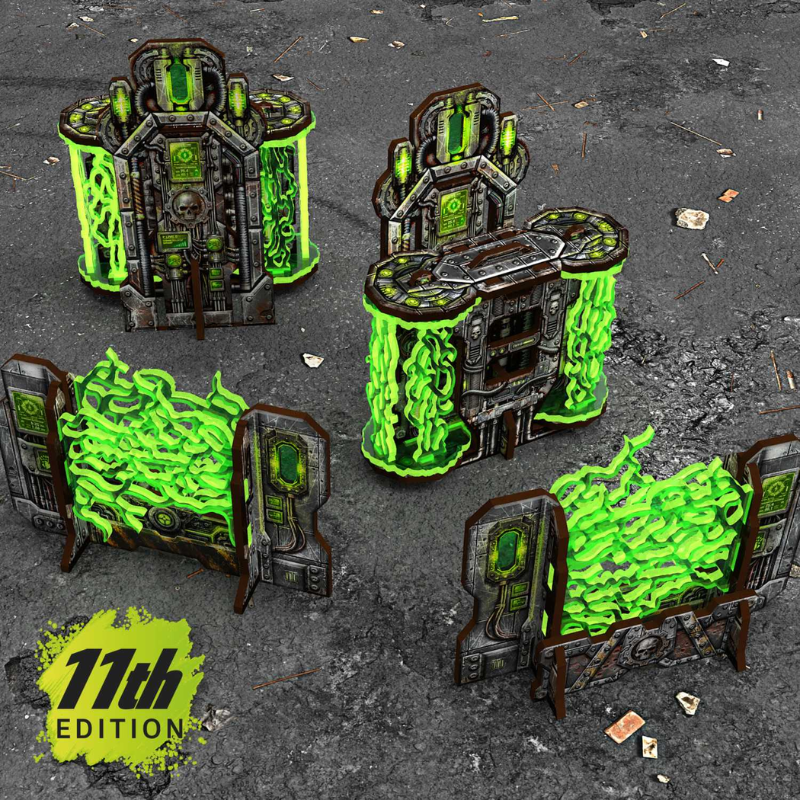 Pre-painted Plasma Walls and Cogitator Relay Tower 11th Edition – widok zestawu z góry: dwie ściany plazmowe i dwie wieże kogitatorowe na szarym tle
