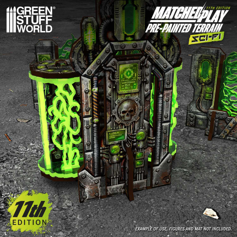 Cogitator Relay Tower – wieża kogitatorowa Green Stuff World z bliska, fluorescencyjne zielone elementy plazmowe, detale MDF sci-fi
