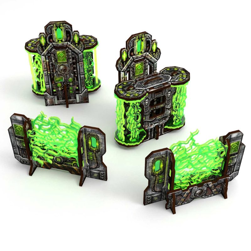 Pre-painted Plasma Coil Array i Cogitator Relay Tower – cztery elementy scenerii sci-fi Green Stuff World na białym tle, widok izometryczny
