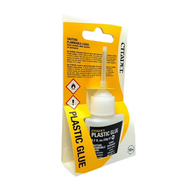 Citadel Plastic Glue 20g Games Workshop – butelka kleju do plastiku, widok z boku
