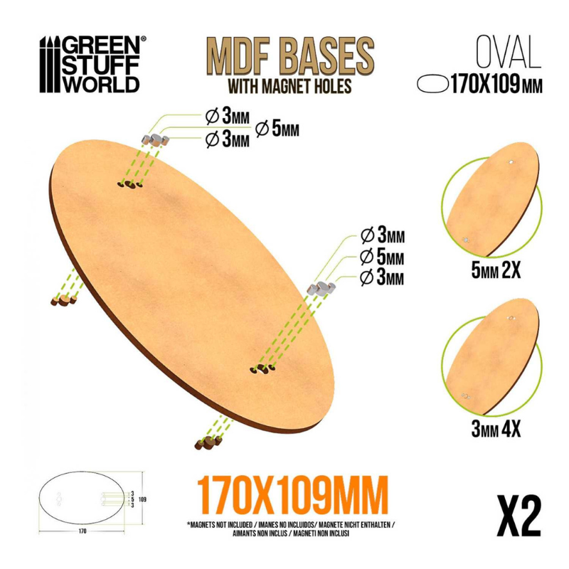 Green Stuff World 14375 – podstawki MDF owalne 170x109mm, schemat otworów na magnesy 3mm i 5mm
