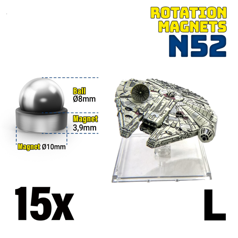 Green Stuff World 9277 – schemat wymiarów Rotation Magnets L: kulka Ø8mm, magnes Ø10mm x 3,9mm, z modelem Millennium Falcon, 15x
