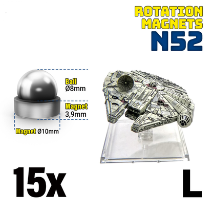 Green Stuff World 9277 – schemat wymiarów Rotation Magnets L: kulka Ø8mm, magnes Ø10mm x 3,9mm, z modelem Millennium Falcon, 15x
