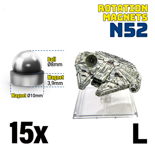 Green Stuff World 9277 – schemat wymiarów Rotation Magnets L: kulka Ø8mm, magnes Ø10mm x 3,9mm, z modelem Millennium Falcon, 15x
