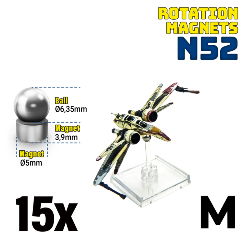 Green Stuff World 9276 – schemat wymiarów Rotation Magnets M: kulka Ø6,35mm, magnes Ø5mm x 3,9mm, z modelem myśliwca X-Wing, 15x
