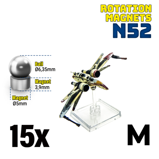Green Stuff World 9276 – schemat wymiarów Rotation Magnets M: kulka Ø6,35mm, magnes Ø5mm x 3,9mm, z modelem myśliwca X-Wing, 15x
