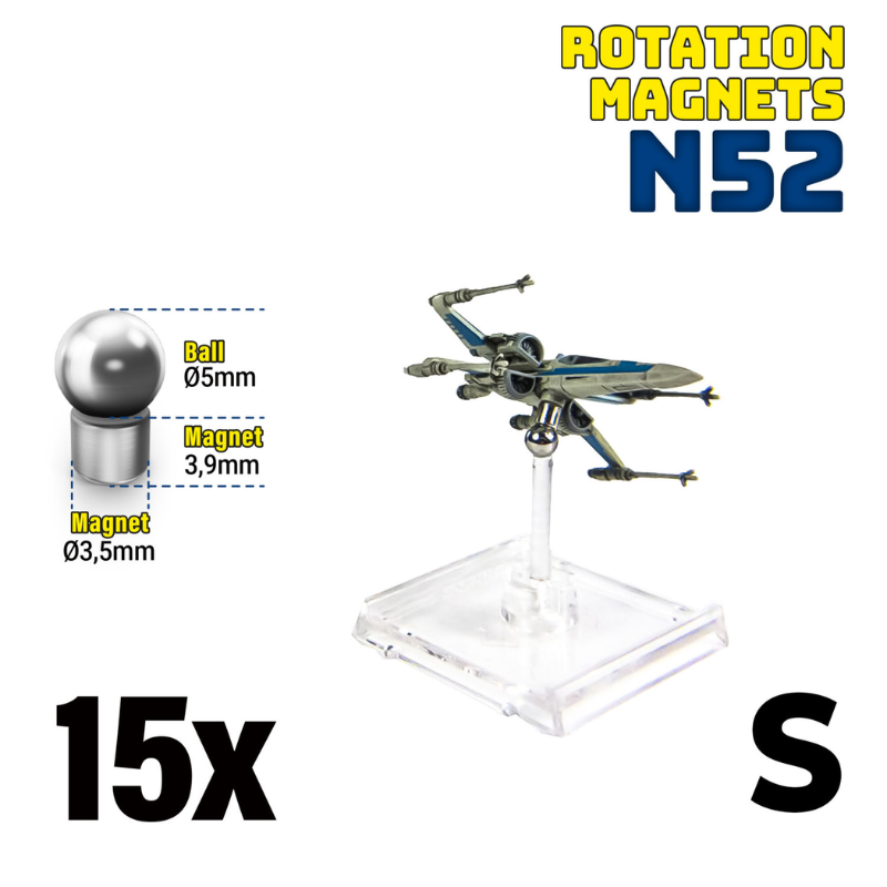 Green Stuff World 9275 – schemat wymiarów Rotation Magnets S: kulka Ø5mm, magnes Ø3,5mm x 3,9mm, z modelem X-Wing na akrylowej podstawce, 15x
