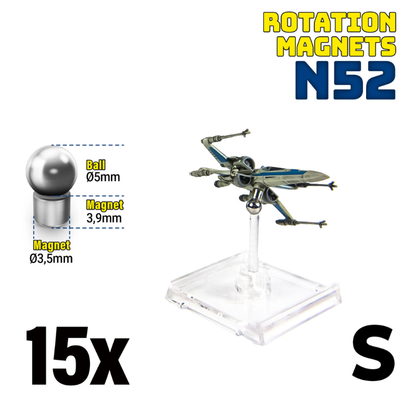 Green Stuff World 9275 – schemat wymiarów Rotation Magnets S: kulka Ø5mm, magnes Ø3,5mm x 3,9mm, z modelem X-Wing na akrylowej podstawce, 15x
