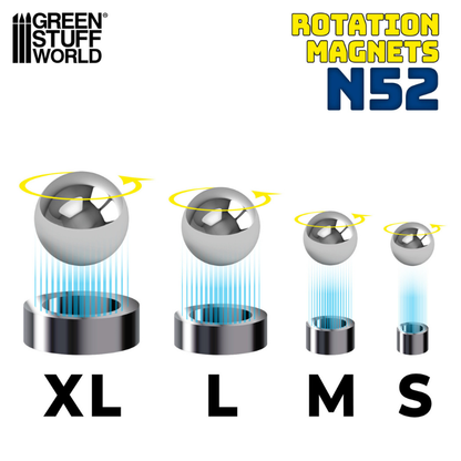 Green Stuff World – porównanie rozmiarów Rotation Magnets N52: XL, L, M, S – kulki stalowe na magnesach z efektem obrotu
