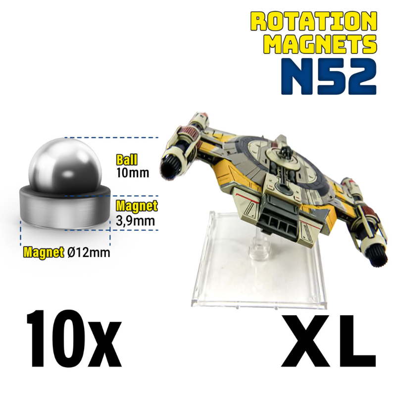 Green Stuff World 9344 – schemat wymiarów Rotation Magnets XL: kulka 10mm, magnes Ø12mm x 3,9mm, z modelem statku X-Wing

