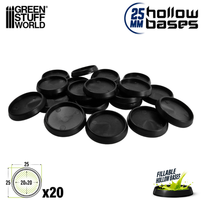 Green Stuff World 10900 – 20 czarnych plastikowych podstawek wydrążonych 25mm, widok z góry i z boku
