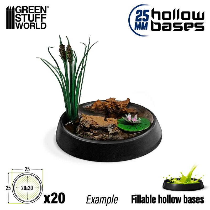 Green Stuff World 10900 – podstawka wydrążona 25mm z efektem bagna i roślinnością, przykład dekoracji
