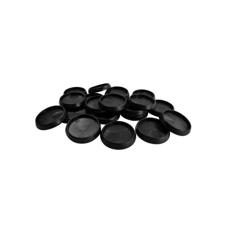 Green Stuff World 10900 – stos czarnych plastikowych podstawek wydrążonych 25mm na białym tle
