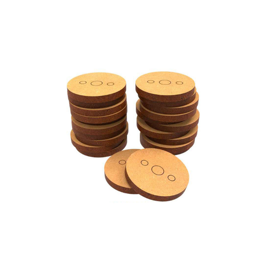 Green Stuff World 9134 – 20 podstawek MDF okrągłych 25mm z otworami na magnesy, widok z góry i z boku
