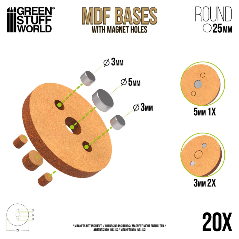 Green Stuff World 9134 – schemat techniczny podstawki MDF 25mm z otworami na magnesy ø3mm i ø5mm, 20 szt.

