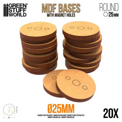 Green Stuff World 9134 – schemat techniczny podstawki MDF 25mm z otworami na magnesy ø3mm i ø5mm, 20 szt.
