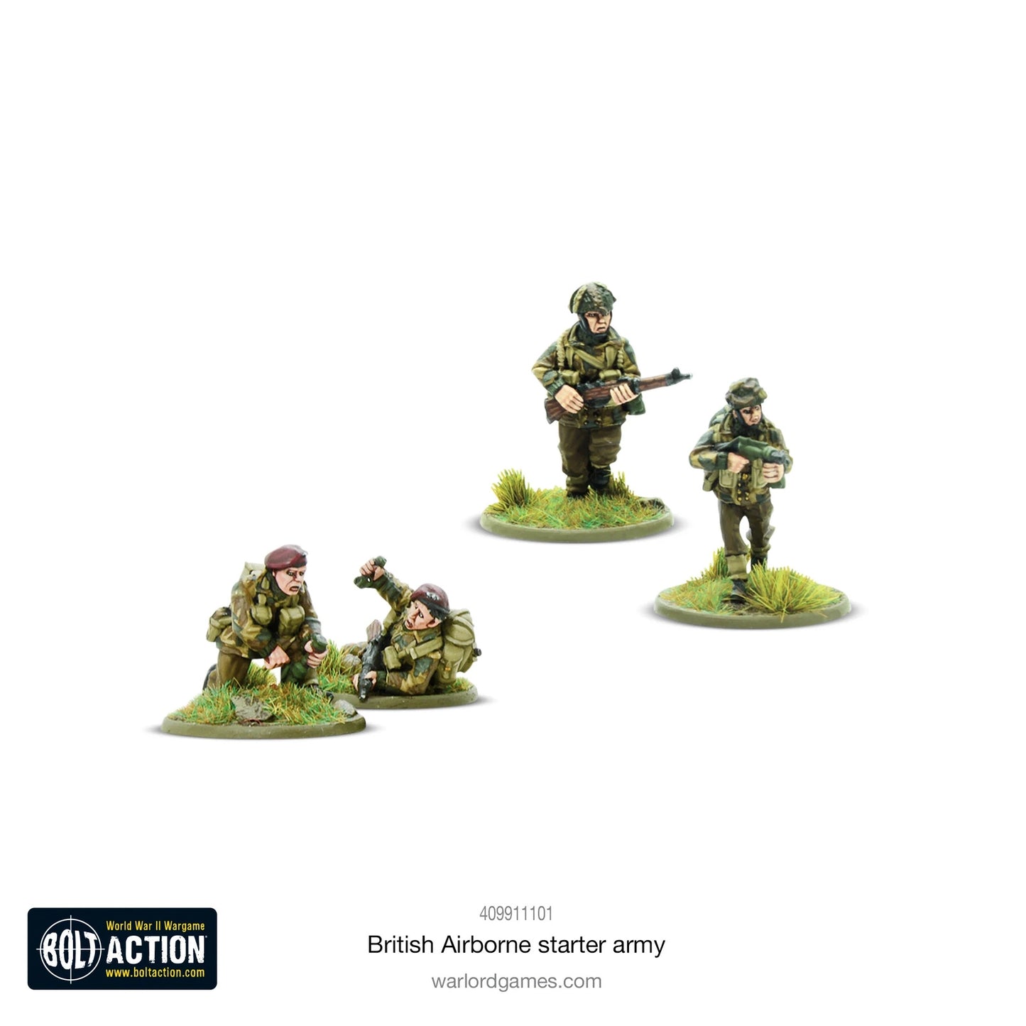 Warlord Games British Airborne Starter Army – cztery pomalowane figurki Red Devils w bordowych beretach i hełmach, Bolt Action
