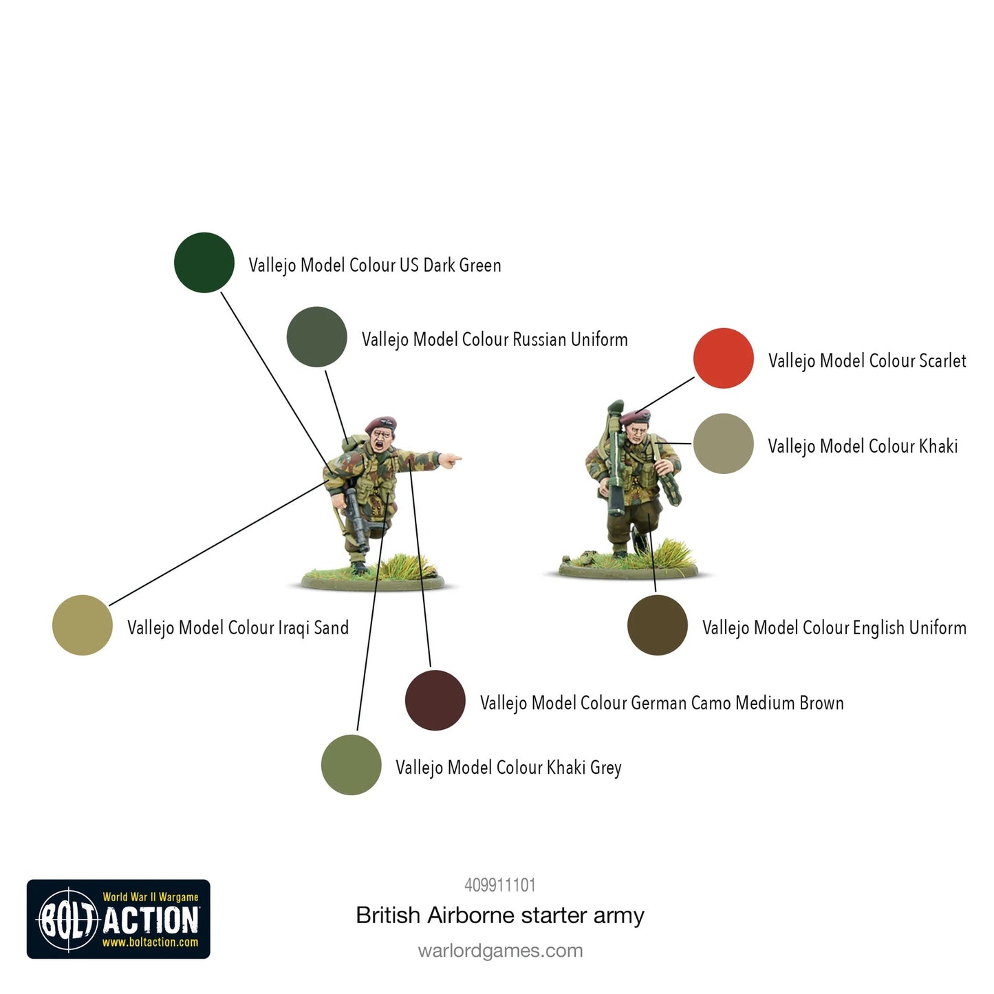 Warlord Games British Airborne Starter Army – dwie pomalowane figurki żołnierzy brytyjskich z propozycją kolorów Vallejo, Bolt Action
