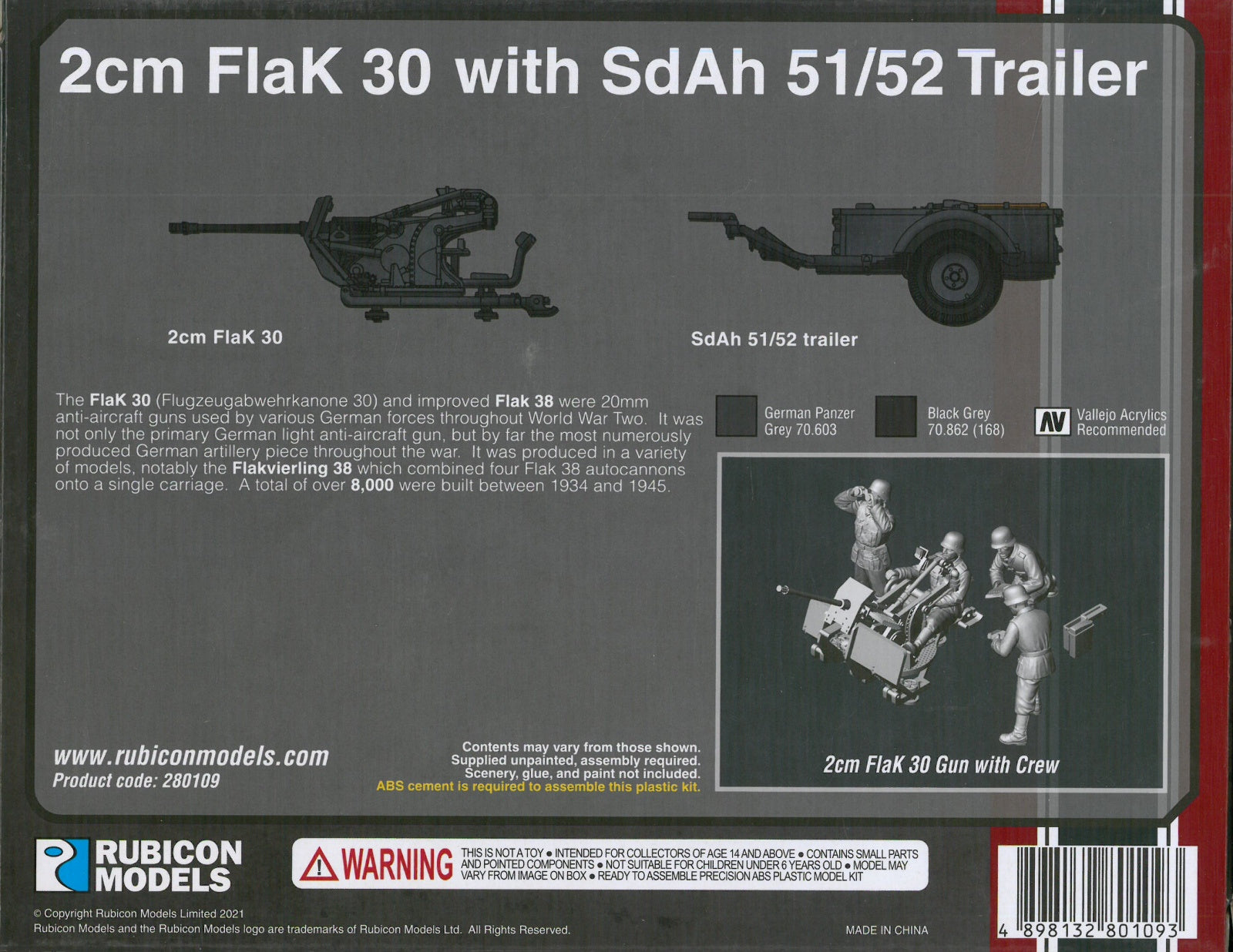 2cm FlaK 30 z przyczepą SdAh 51/52 – tył pudełka Rubicon Models 280109: widok modelu działa i przyczepy, figurki obsługi, kod kreskowy 4898132801093