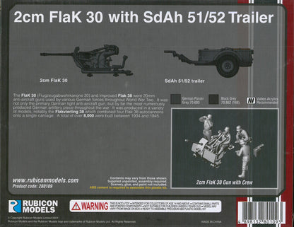 2cm FlaK 30 z przyczepą SdAh 51/52 – tył pudełka Rubicon Models 280109: widok modelu działa i przyczepy, figurki obsługi, kod kreskowy 4898132801093