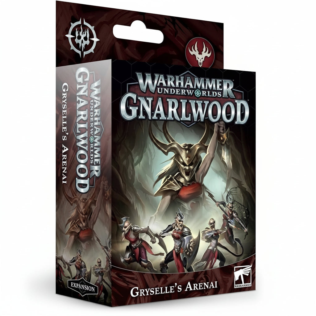 Warhammer Underworlds Gnarlwood Gryselle's Arenai - pudełko zestawu Expansion z pięcioma elfickimi gladiatorkami w czerwono-złotych strojach na ciemnoczerwono-szarym tle, centralna postać z rogami unosi ręce triumfalnie, napis Warhammer Underworlds Gnarlwood Gryselle's Arenai Expansion, logo Warhammer w prawym dolnym rogu