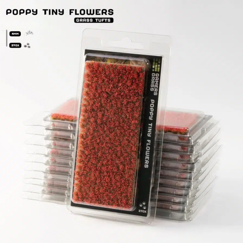 Poppy Tiny Flowers 4mm Gamers Grass - opakowanie blister ze stosem produktów, widok z przodu z arkuszem 370 intensywnie czerwonych kępek maku i oznaczeniem 4mm 370x
