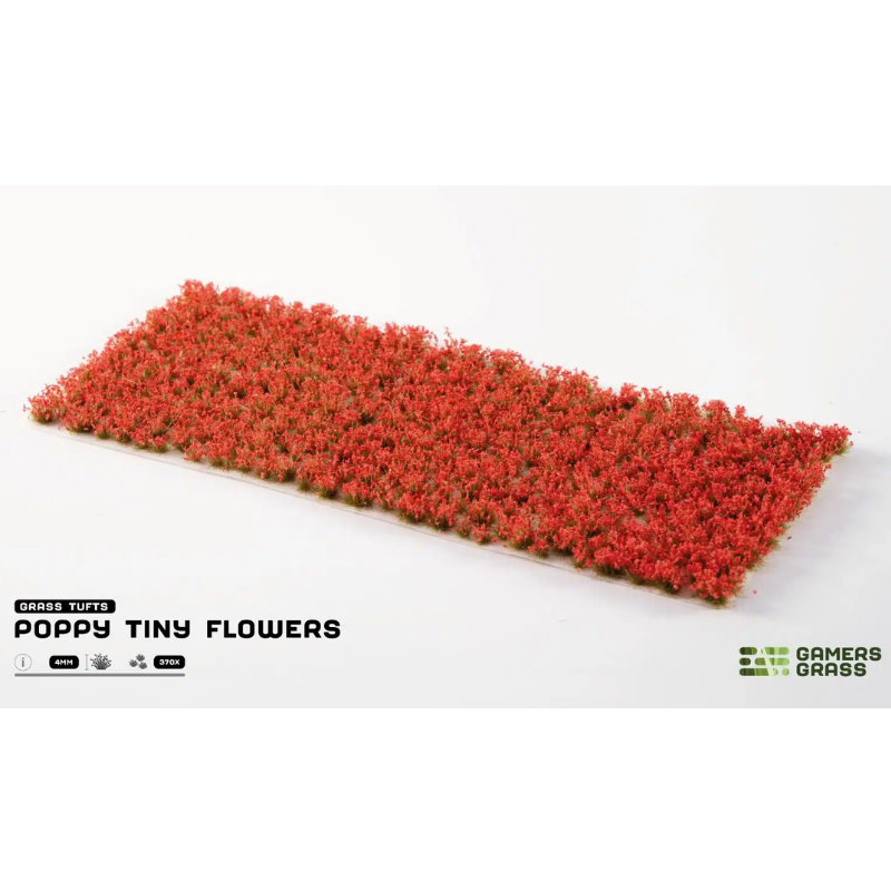 Poppy Tiny Flowers 4mm Gamers Grass - arkusz kępek kwiatowych na białym tle z logo Gamers Grass i opisem produktu: Grass Tufts 4mm 370x
