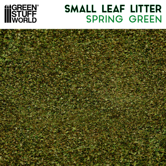 Small Leaf Litter Spring Green Green Stuff World 13246 – zbliżenie na zieloną posypkę z naturalnych liści 1–2mm, tekstura Spring Green, logo GSW Small Leaf Litter
