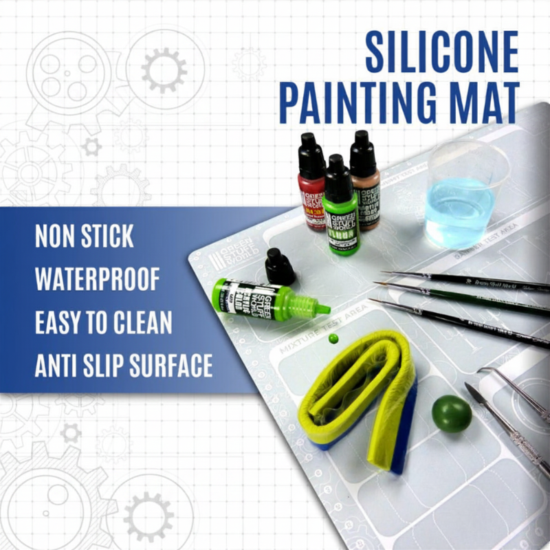Silicone Painting Mat 400x300mm - infografika: non stick, waterproof, easy to clean, anti slip surface, farby i pędzle na macie | Green Stuff World