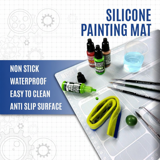 Silicone Painting Mat 400x300mm - infografika: non stick, waterproof, easy to clean, anti slip surface, farby i pędzle na macie | Green Stuff World
