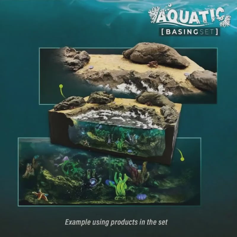 Green Stuff World Basing Set Aquatic 11641 – przykład gotowego środowiska wodnego stworzonego z zestawu: żywica epoksydowa, korale, rośliny morskie i zwierzęta wodne na podstawce modelarskiej – Green Stuff World