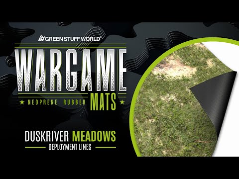 Green Stuff World Wargame Mat Duskriver Meadows – okładka filmu prezentującego matę neoprenową 120x180cm z motywem łąki i rzeki z liniami rozmieszczenia do gier bitewnych

