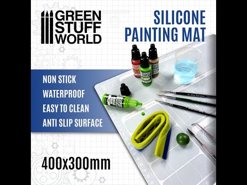 Silicone Painting Mat 400x300mm - okładka tutorialu wideo GSW, mata z farbami i pędzlami na blacie | Green Stuff World
