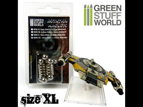 Green Stuff World – porównanie rozmiarów Rotation Magnets N52: XL, L, M, S – kulki stalowe na magnesach z efektem obrotu
