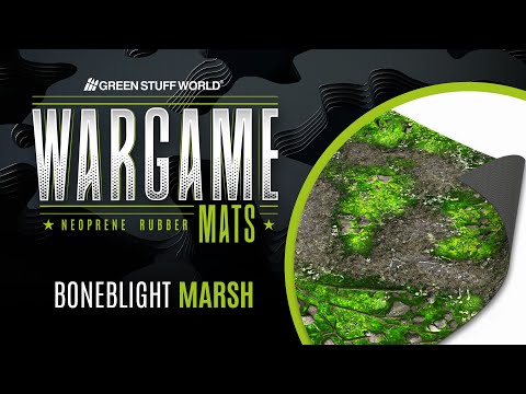 Green Stuff World Wargame Mat Boneblight Marsh – okładka filmu prezentującego matę neoprenową 120x180cm z motywem zielonego bagna, szkieletów i mchu do gier bitewnych
