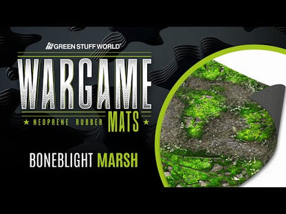 Green Stuff World Wargame Mat Boneblight Marsh – okładka filmu prezentującego matę neoprenową 120x180cm z motywem zielonego bagna, szkieletów i mchu do gier bitewnych
