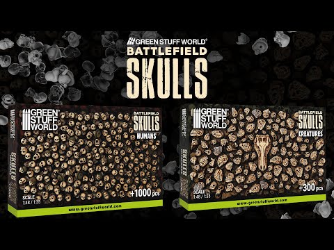 Green Stuff World Battlefield Skulls – Humans & Creatures – okładka filmu prezentującego zestaw czaszek ludzi i stworów do baz figurek i scenerii Warhammer
