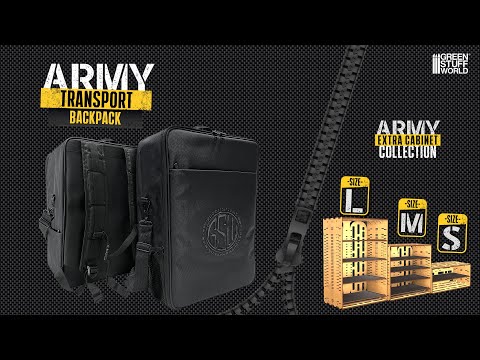 Green Stuff World Army Transport Backpack L Camouflage Edition – okładka filmu prezentującego plecak transportowy na 200+ figurek jako kompletne rozwiązanie do transportu armii
