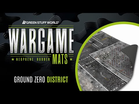 Green Stuff World Wargame Mat Ground Zero District – okładka filmu prezentującego matę neoprenową 120x180cm z motywem zniszczonej miejskiej dzielnicy do gier bitewnych Warhammer 40K i innych systemów
