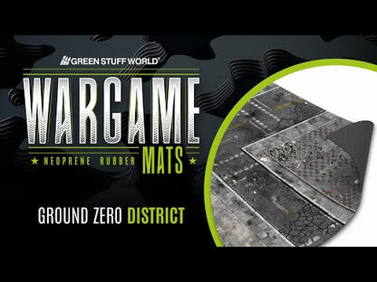 Green Stuff World Wargame Mat Ground Zero District – okładka filmu prezentującego matę neoprenową 120x180cm z motywem zniszczonej miejskiej dzielnicy do gier bitewnych Warhammer 40K i innych systemów
