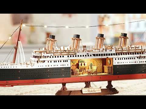 Drewniany puzzle 3D 1912 Eternal Atlantic Voyager Rolife TGL02 – okładka prezentacji wideo: legendarny transatlantyk w formie modelu 3D z podświetleniem LED
