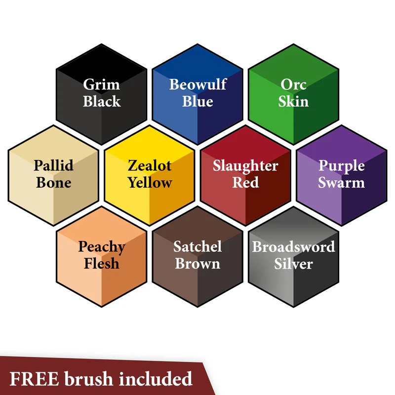 Paleta kolorów Speedpaint Starter Set 2.0 WP8059P – Grim Black, Pallid Bone, Beowulf Blue, Orc Skin, Slaughter Red, Zealot Yellow, Purple Swarm, Satchel Brown, Peachy Flesh, Broadsword Silver | The Army Painter
