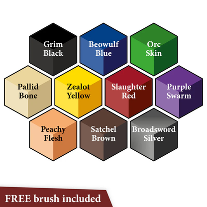 Paleta kolorów Speedpaint Starter Set 2.0 WP8059P – Grim Black, Pallid Bone, Beowulf Blue, Orc Skin, Slaughter Red, Zealot Yellow, Purple Swarm, Satchel Brown, Peachy Flesh, Broadsword Silver | The Army Painter

