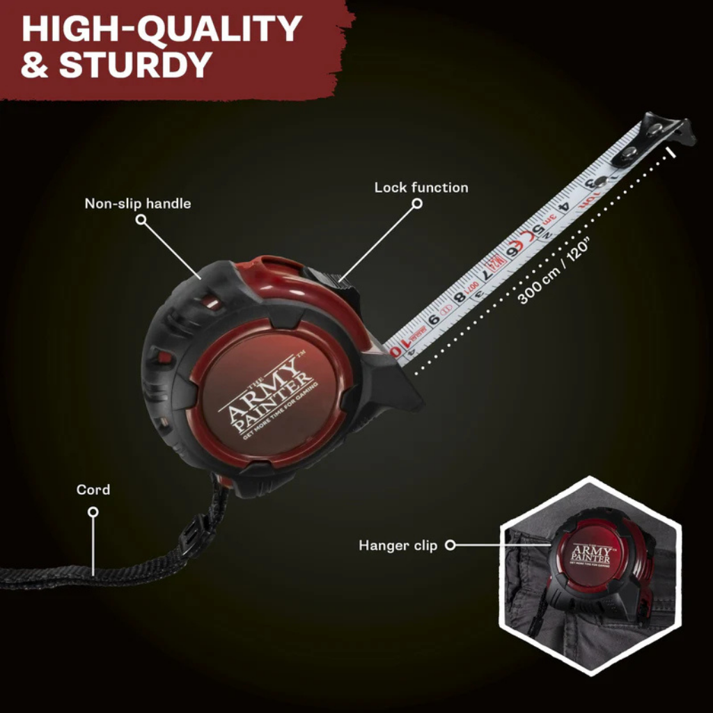 The Army Painter Rangefinder Tape Measure TL5047P – antypoślizgowy uchwyt, blokada taśmy, sznurek i klips, taśma stalowa 300 cm / 120 cali