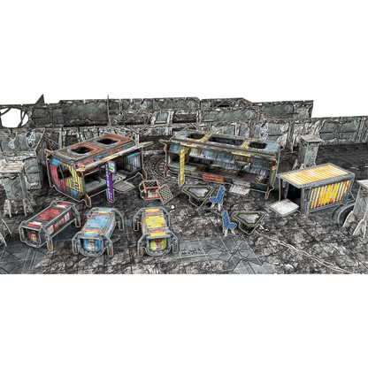 Core Space Trading Post 5 – kompletny teren 3D Trading Post 5: Large Trade Container, Small Trade Container, 3 Drop Crates, 2 Tables, 3 Chairs, 2 Shelves, 7 Signs i ściany stacji na macie Core Space
