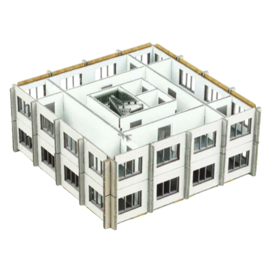 Biurowiec II LBHP0358 – widok izometryczny na 2 dodatkowe piętra z otwartym układem biurowym i klatką schodową w centrum, prepainted, 28mm Laser Cut Buildings