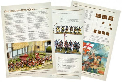 Pike & Shotte For King & Country - rozkładka książki zasad na rozdziale The English Civil Wars - strony z tekstem o historii konfliktu, diagramem struktury armii, zdjęciami pomalowanych figurek piechoty i kawalerii oraz ilustracjami - Warlord Games WGP-START-01
