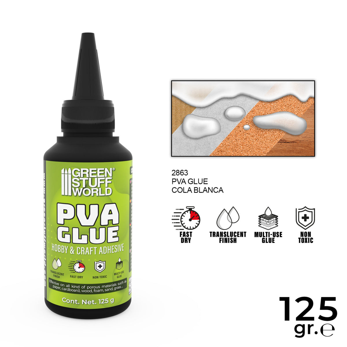 PVA Glue Green Stuff World 125g – butelka kleju wikol z wąską końcówką obok infografiki z właściwościami: Fast Dry, Translucent Finish, Multi-Use Glue, Non Toxic, SKU 2863, przykład kleju nałożonego na korek

